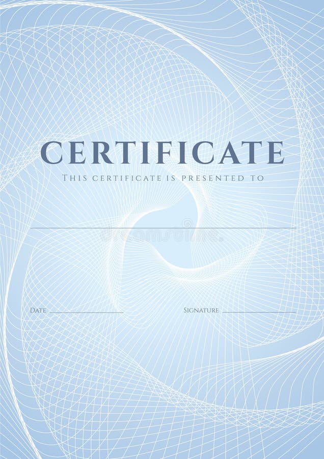 Certificado, de terminación (diseno plantilla,) azul grabado patrón (filigrana), marco.