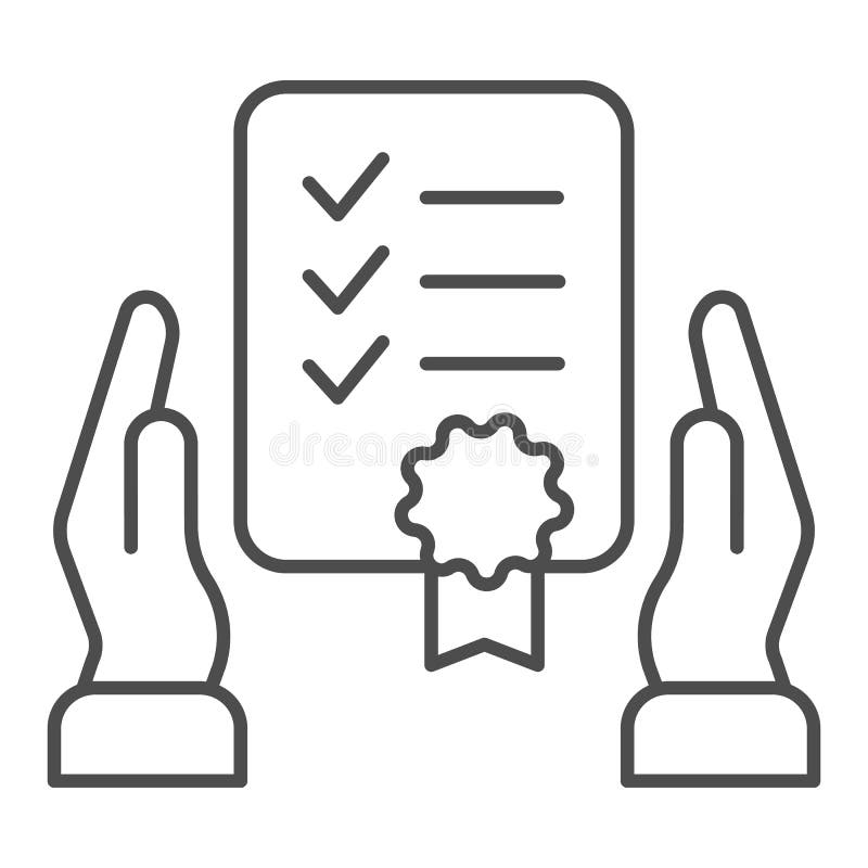 Certificate in hands thin line icon. Warranty list vector illustration isolated on white. Document certified outline vector illustration