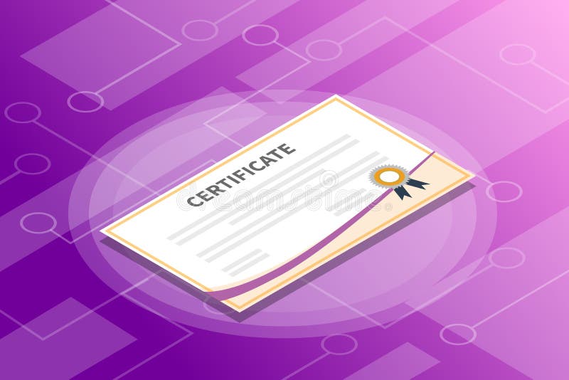 Certificate isometric information with violet gradient background modern style vector illustration