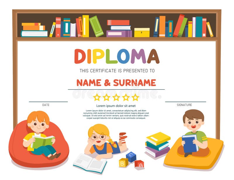 Certificate kids diploma. Happy kids read book and study together with multi colored bookshelf in library. royalty free illustration