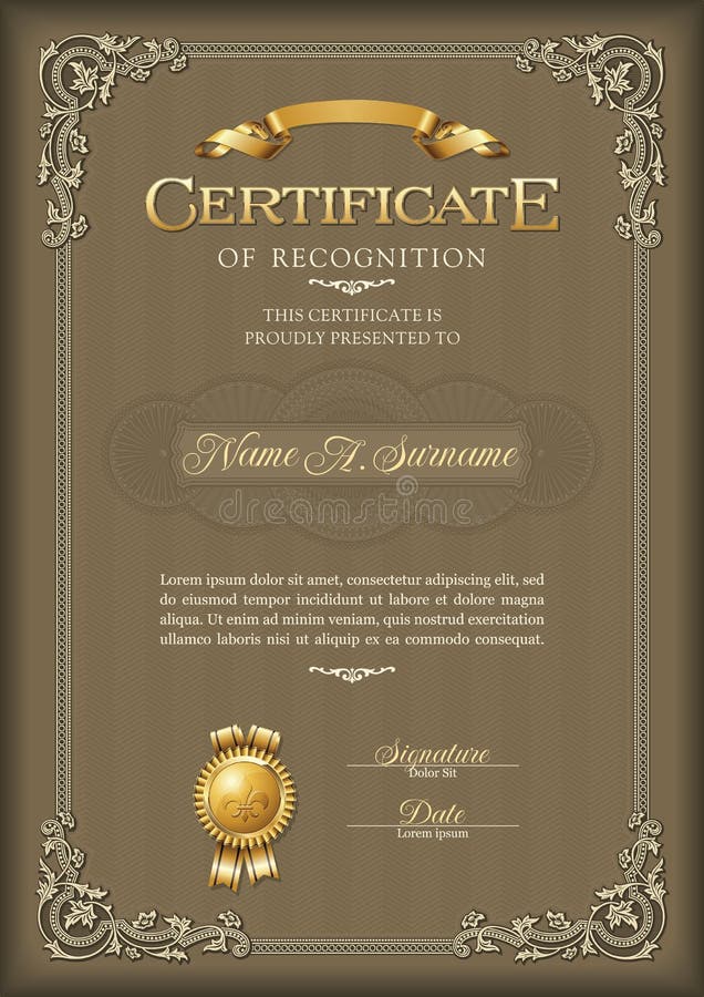 Certificate of Recognition Vintage Frame. Portrait. stock illustration