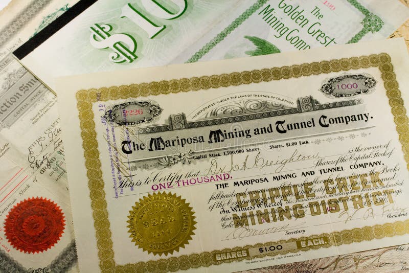 Antique western mining company stock certificates and bonds - USA. Antique western mining company stock certificates and bonds - USA