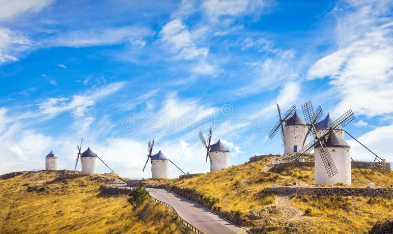 Windmills of Consuegra. Castile La Mancha, Spain. Cervantes Don Quixote windmills. Consuegra, Castile La Mancha, Spain, Europe