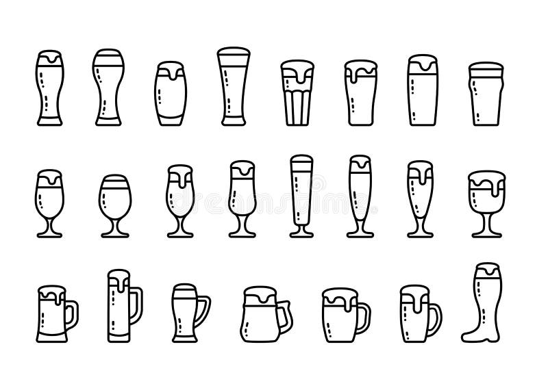 Cerveja ajustada do ícone com espuma em umas canecas e em uns vidros de cerveja ilustração stock Cerveja ajustada do ícone com espuma em umas canecas e em uns vidros de cerveja ilustração stock