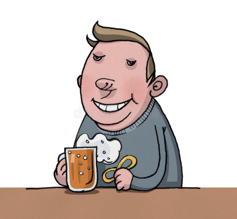 A ilustração representa um homem gordo e careca com uma caneca de cerveja.  Ideal para materiais promocionais e institucionais imagem vetorial de  Lcosmo© 72259341