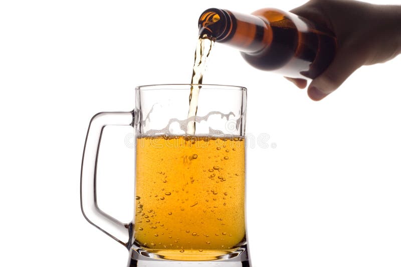 Beer pouring down from a bottle against white background. Beer pouring down from a bottle against white background