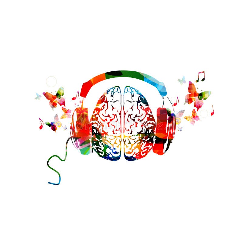 Cervello umano colorato con cuffie isolate illustrazione vettoriale. design musicale. ascolto di musica royalty illustrazione gratis