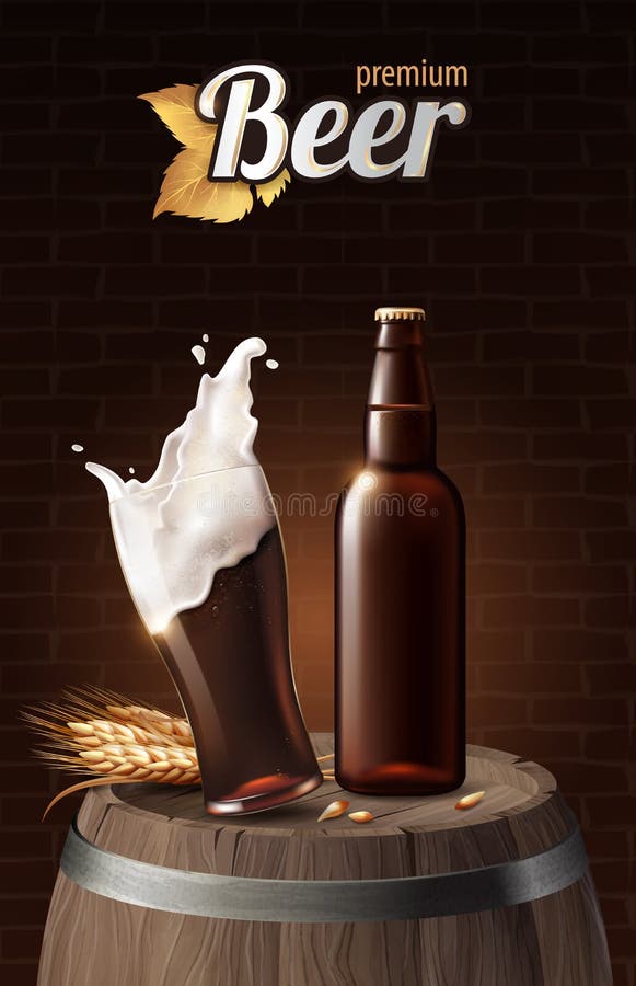 Cerveza oscura del portero en la taza de cristal y la botella de cristal en el barril de madera con el trigo, bebida de restaurac