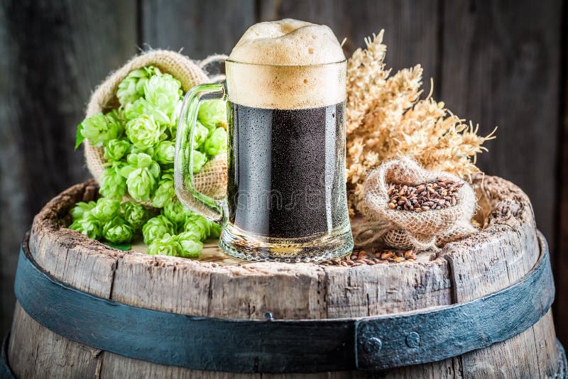 Cerveza oscura fresca con espuma, los saltos y el trigo grandes fotografía de archivo Cerveza oscura fresca con espuma, los saltos y el trigo grandes fotografía de archivo