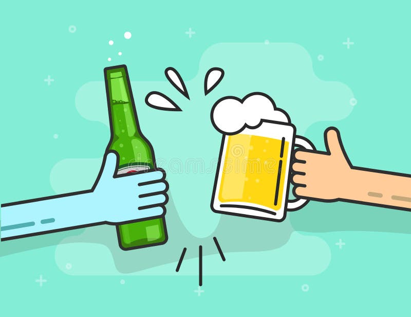 Beer toasting vector illustration on blue background, hands holding beer glasses with foam and bubbles flat outline line style, concept of celebrating in pub, birthday party. Beer toasting vector illustration on blue background, hands holding beer glasses with foam and bubbles flat outline line style, concept of celebrating in pub, birthday party