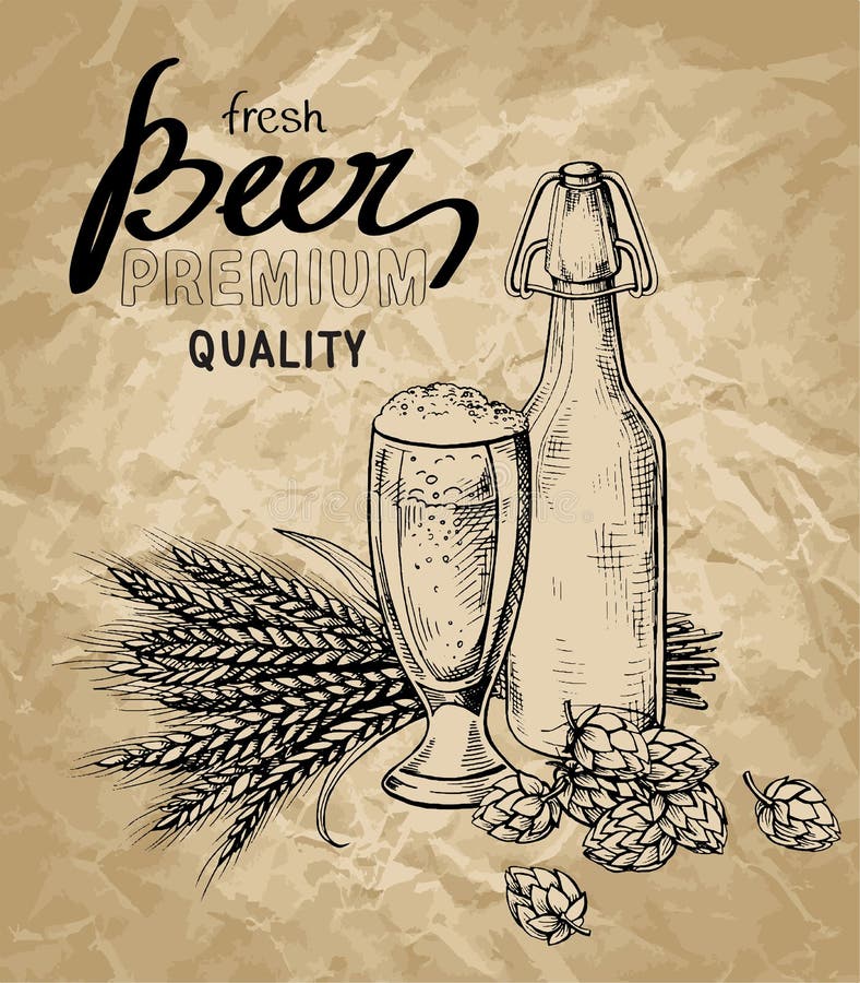 Cerveza, saltos, vidrio, botella, oídos ilustración del vector