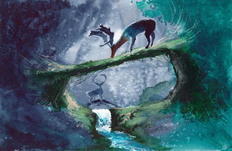 Cervi dell'acquerello in foresta verde illustrazione di stock Cervi dell'acquerello in foresta verde illustrazione di stock