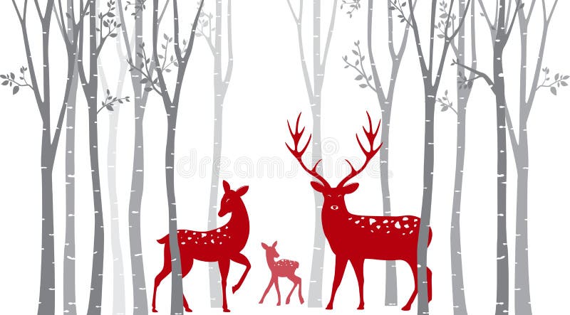 Cervi rossi di natale con l'albero di betulla illustrazione di stock Cervi rossi di natale con l'albero di betulla illustrazione di stock