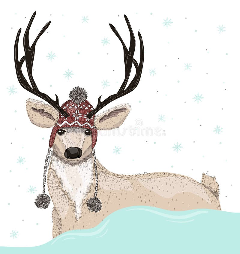 Cervos bonitos com fundo do inverno do chapéu ilustração stock Cervos bonitos com fundo do inverno do chapéu ilustração stock