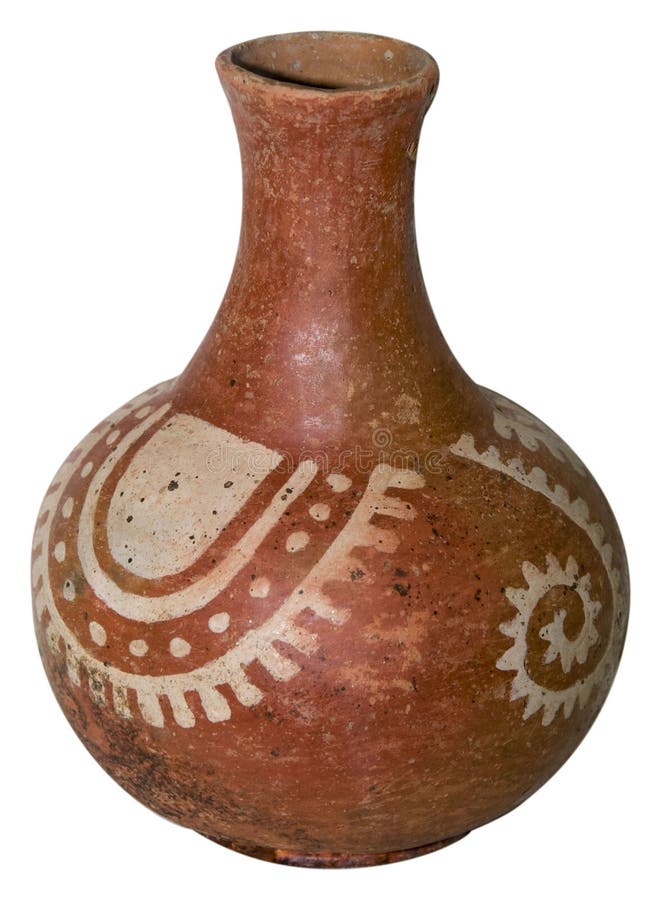 A large, decorated piece of Native American pottery. White background. A large, decorated piece of Native American pottery. White background