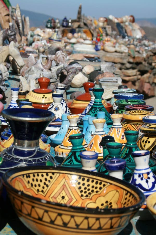 Moroccan coloreful pottery , tajines, High Atlas. Moroccan coloreful pottery , tajines, High Atlas