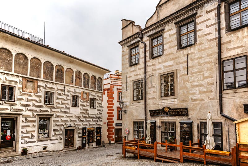 Cesky Krumlov, Czech Republic-March 6,2022. Empty street of famous Czech medieval town.Historic centre with Gothic,Renaissance and