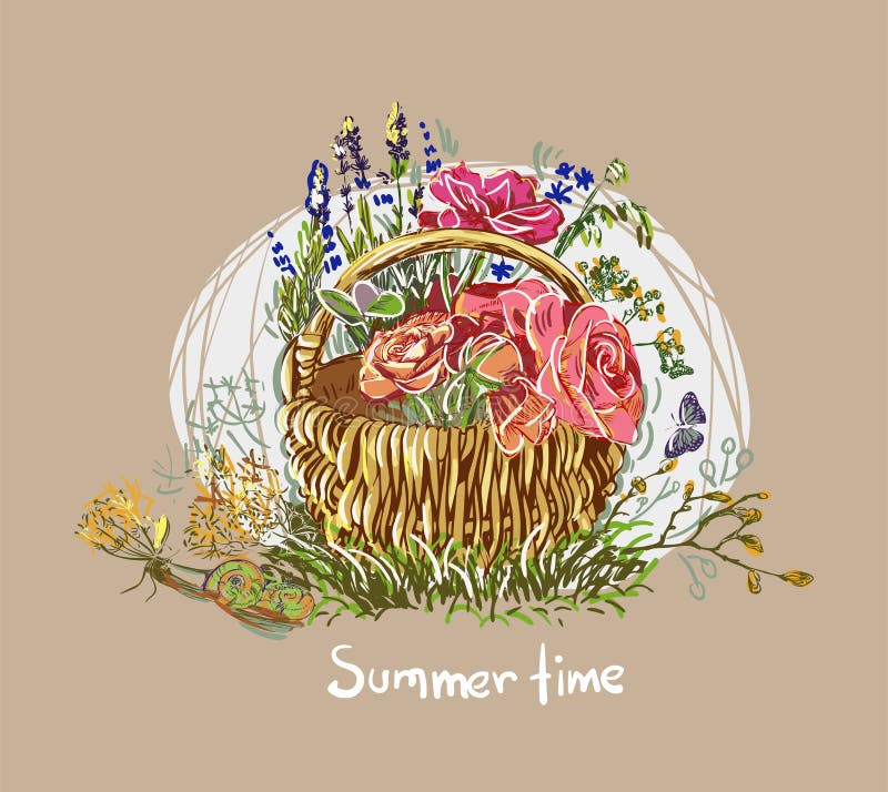 Cesta colorida de la flor del diseño del estilo de la pintura del vector del verano ilustración del vector Cesta colorida de la flor del diseño del estilo de la pintura del vector del verano ilustración del vector