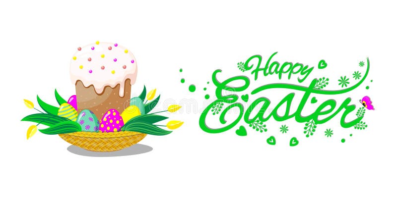 Cesta con la torta, los huevos y las flores de pascua Poner letras a Pascua feliz Ilustración del vector libre illustration Cesta con la torta, los huevos y las flores de pascua Poner letras a Pascua feliz Ilustración del vector libre illustration