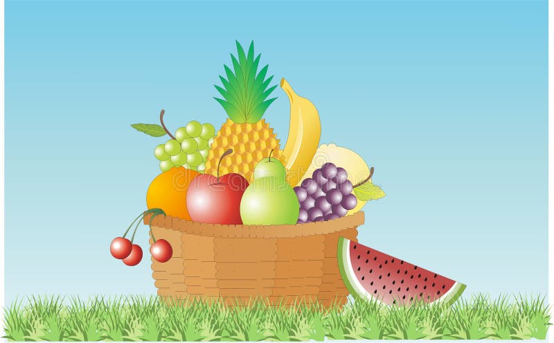 A basket of fruits placed amidst nature. A basket of fruits placed amidst nature