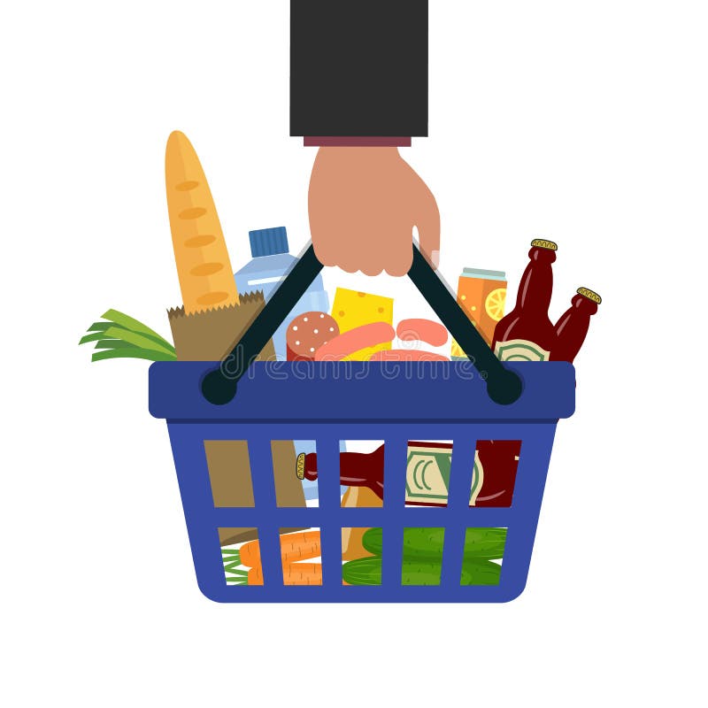 Cesta de compras con la comida y la bebida a disposición libre illustration Cesta de compras con la comida y la bebida a disposición libre illustration