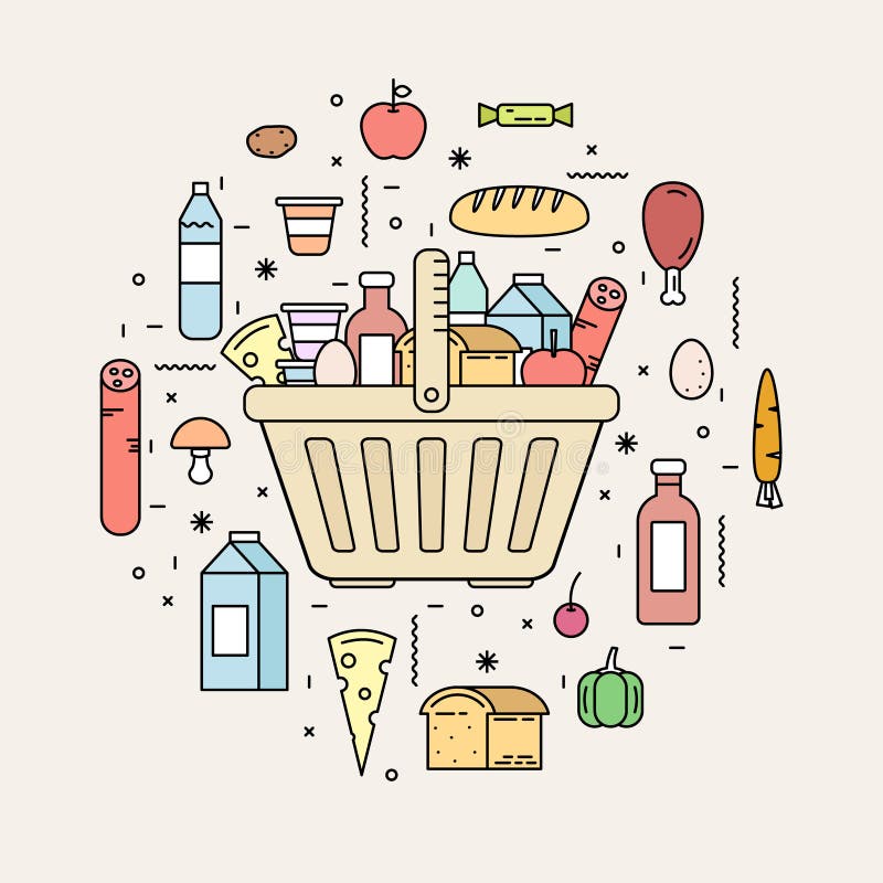 Cesta de compras con los productos alimenticios de la tienda ilustración del vector Cesta de compras con los productos alimenticios de la tienda ilustración del vector