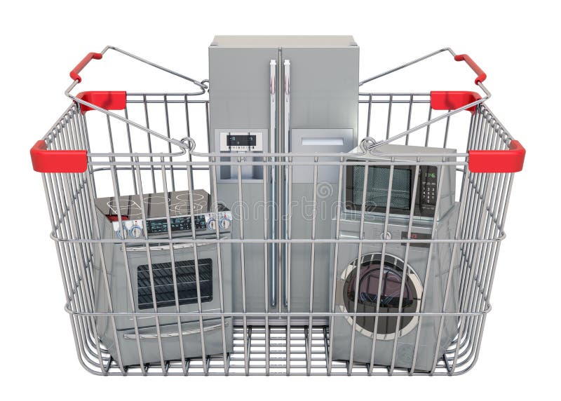 Cesta de compras por completo de dispositivos de cocina, representación 3D stock de ilustración Cesta de compras por completo de dispositivos de cocina, representación 3D stock de ilustración