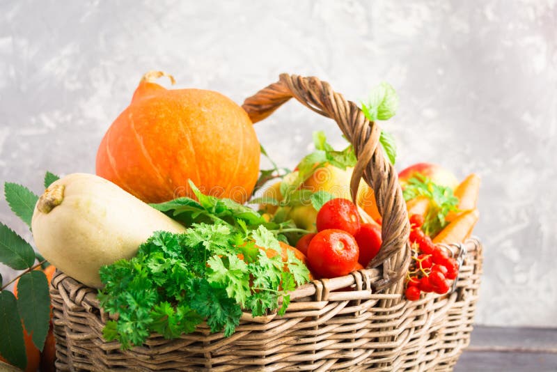 Cesta de mimbre con las frutas y verduras del otoño en fondo gris fotografía de archivo libre de regalías Cesta de mimbre con las frutas y verduras del otoño en fondo gris fotografía de archivo libre de regalías