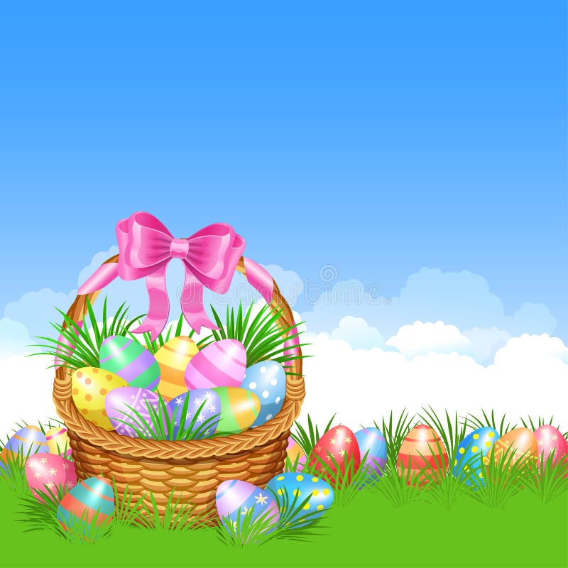 Cesta de Pascua y huevos de Pascua coloridos en hierba verde libre illustration Cesta de Pascua y huevos de Pascua coloridos en hierba verde libre illustration