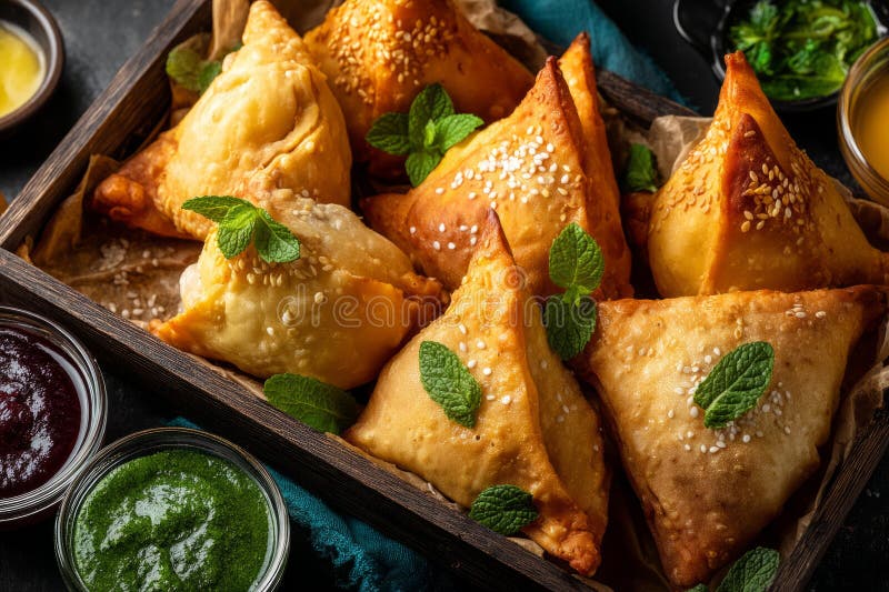 Cesta de samosas com menta e molhos coloridos foto de stock