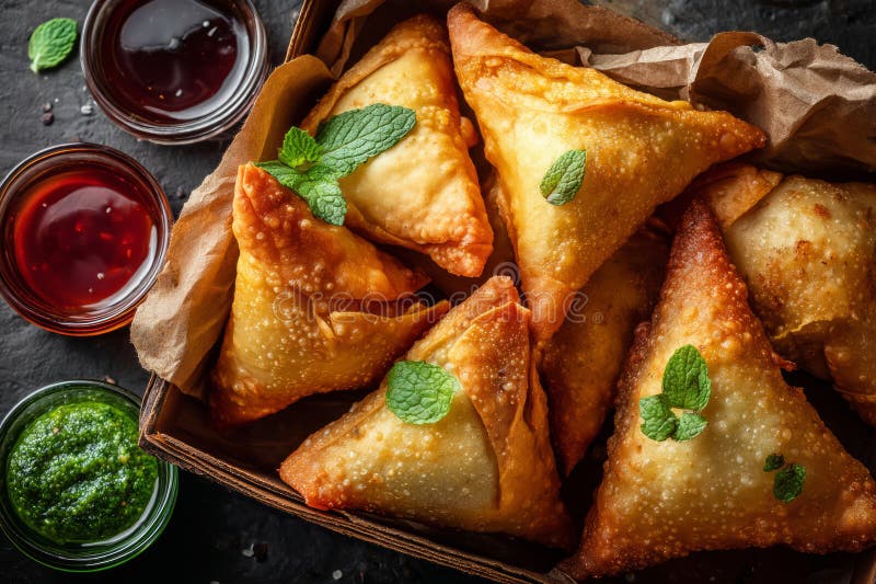 Cesta de samosas com menta e molhos coloridos foto de stock royalty free