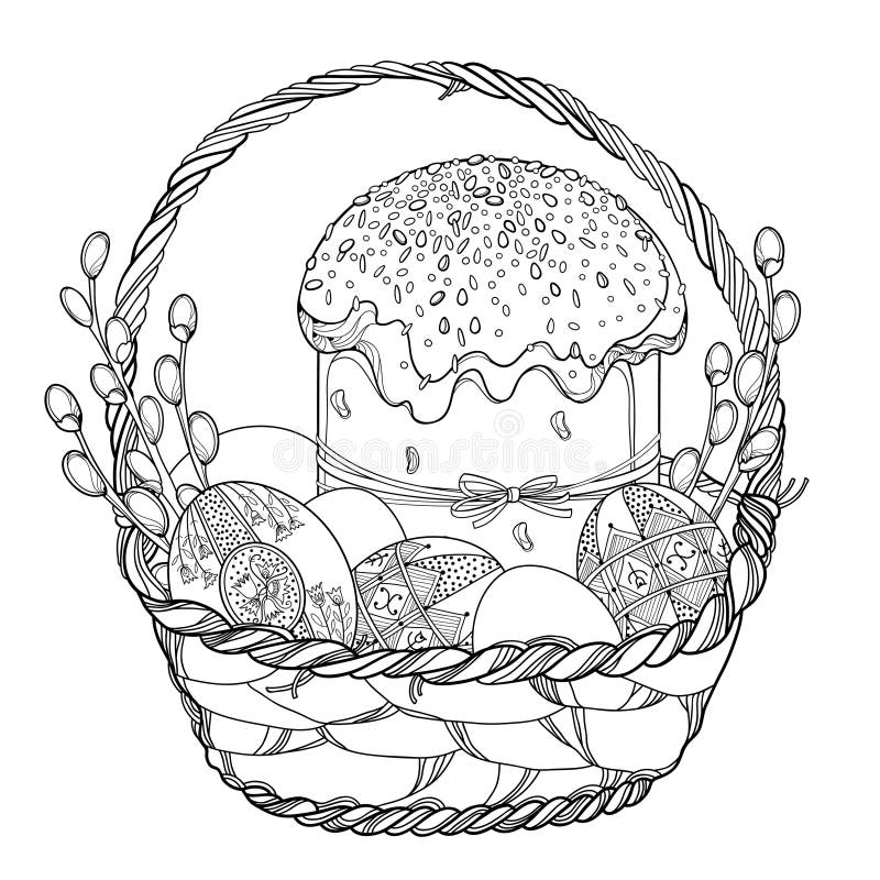 Cesta del esquema del vector con la torta o Paska de Pascua, huevo de Pascua ucraniano Pysanka y ramita del sauce en negro aislad ilustración del vector Cesta del esquema del vector con la torta o Paska de Pascua, huevo de Pascua ucraniano Pysanka y ramita del sauce en negro aislad ilustración del vector