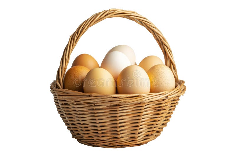 Cestello di vimini riempito di uova di colore marrone fresco poggiato su una paglia isolata su fondo bianco trasparente. Concetto di agricoltura alimentare naturale e alimentazione generata dall'IA