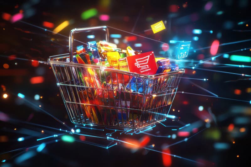 Cestino di spesa pieno di vari prodotti in un ambiente digitale vivace. Generative AI. Un cestello per la spesa è carico di prodotti assortiti rispetto a uno sfondo astratto colmo di elementi digitali. Generato dall'AI