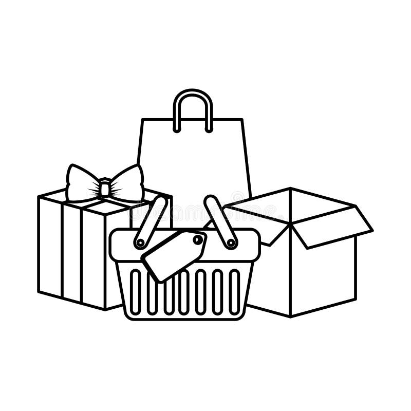 Cesto de compras com presentes e sacos ilustração do vetor Cesto de compras com presentes e sacos ilustração do vetor