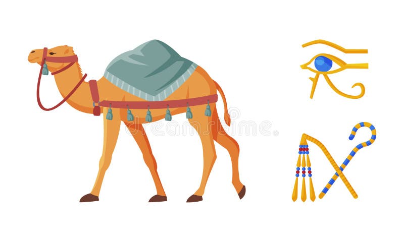 Cetro cruzado y camello de látigo y ojo de horus como antiguo símbolo egipcio conjunto de vectores de potencia ilustración del vector