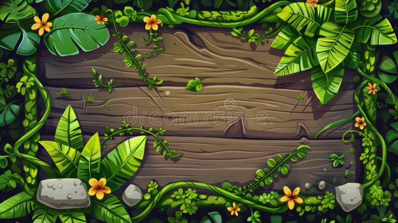 Cette collection de dessins animés jeu ui design présente des lianes luxuriantes et des branches crémeuses à sec des signes en boi. Cette collection de dessins animés de conception ui présente des lianes luxuriantes et des branches crémeuses secs des panneaux en bois avec des fleurs et des feuilles et une bannière en pierre marécageuse avec mousse. ai généré