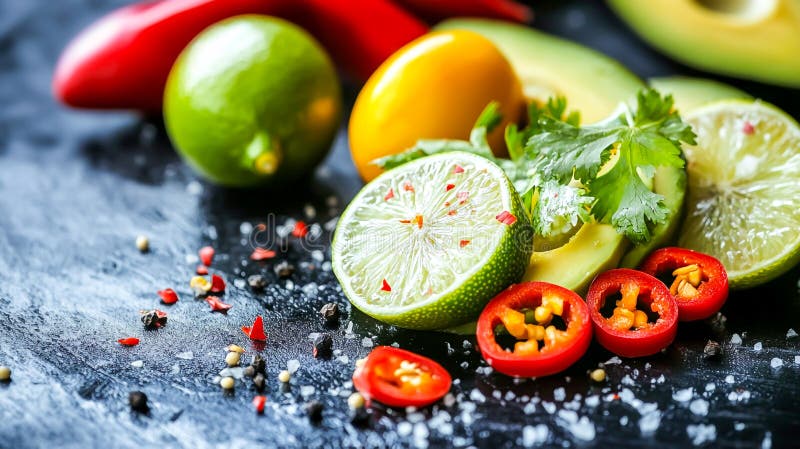 Ceviche appetitose sfilacciate con calce affettata peperoncino vivo e avocado fresco ideali per temi culinari illustrazione di stock