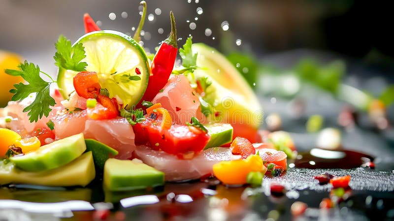 Ceviche appetitose sfilacciate con calce affettata peperoncino vivo e avocado fresco ideali per temi culinari illustrazione vettoriale