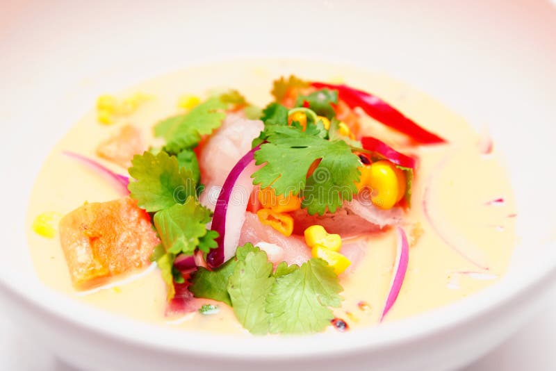 Ceviche för havsbas med pumpa, koriander, havre och löken som tonas arkivfoton Ceviche för havsbas med pumpa, koriander, havre och löken som tonas arkivfoton