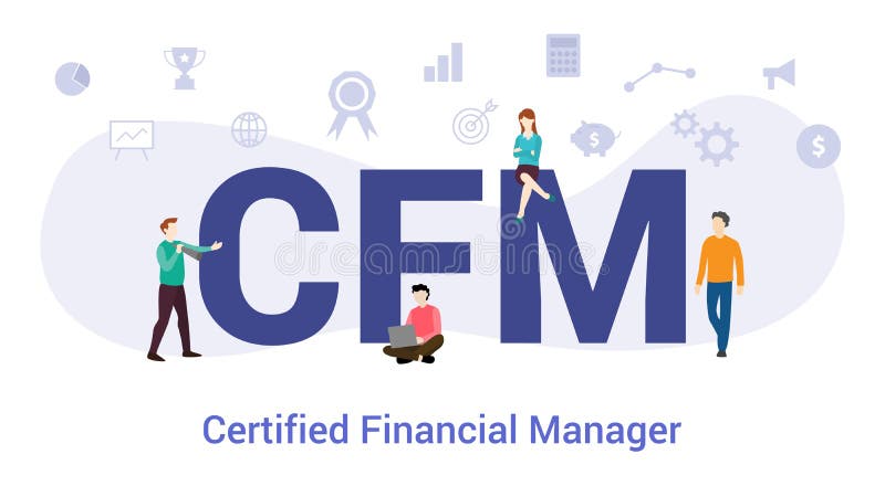 Cfm certified financial manager concept with big word or text and team people with modern flat style - vector illustration