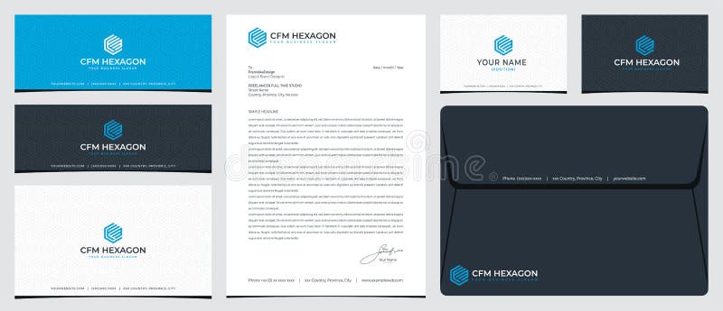 CFM hexagonal logo with stationery, business card and social media banner