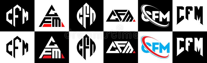 CFM letter logo design in six style. CFM polygon, circle, triangle, hexagon, flat and simple style with black and white color variation letter logo set in one artboard. CFM minimalist and classic logo