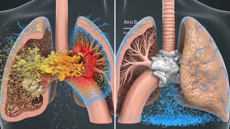 CGI Anatomical Lungs Cross Section Animation of Airway Blockage and First Aid Response on Gray Background Medical Visualization vector illustration