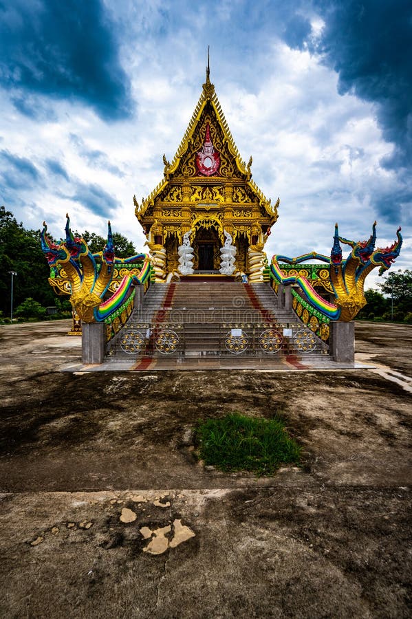 Chachoengsao, Thailand, 28 July 2023. Traditional Thai temple adorned with intricate designs and golden embellishments. Two royalty free stock photo