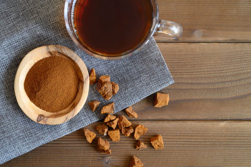 Chaga tea mushroom from birch tree using for healing tea or coffee in folk medicine