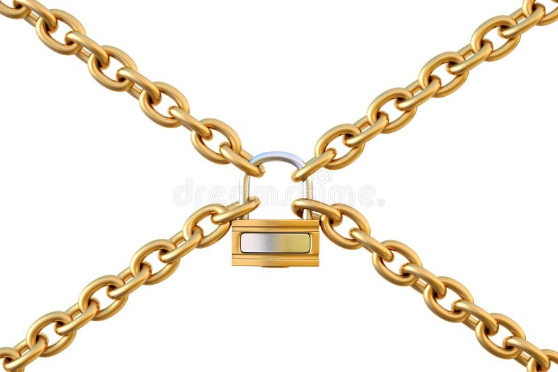 Chains are joined together by a padlock. isolated on white.