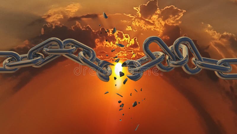 Chain breaking broken sky sun hope freedom background - 3d rendering