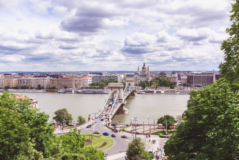 Chain bridge on Danube river in Budapest city. Hungary. Urban landscape panorama with old buildings royalty free stock photo Chain bridge on Danube river in Budapest city. Hungary. Urban landscape panorama with old buildings royalty free stock photo