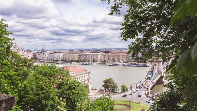 Chain bridge on Danube river in Budapest city. Hungary. Urban landscape panorama with old buildings royalty free stock photo Chain bridge on Danube river in Budapest city. Hungary. Urban landscape panorama with old buildings royalty free stock photo